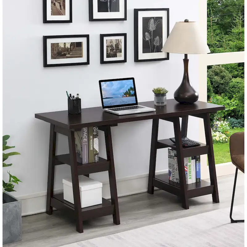 Convenience Concepts Designs2Go Double Trestle Desk with Shelves