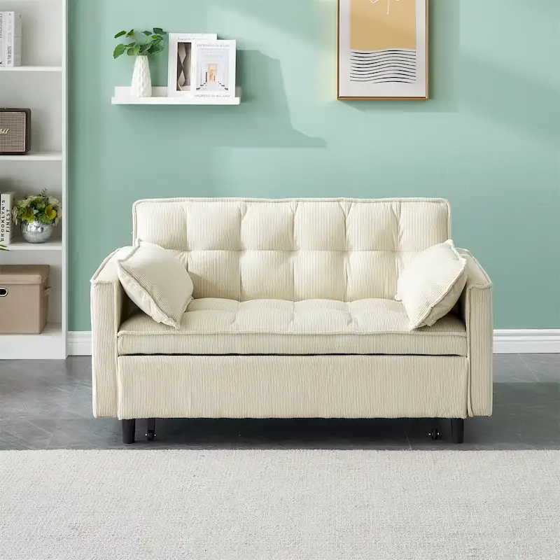 Beige/Pink/Orange/Grey Corduroy Convertible Sofa Bed, Adjustable Back, 2-Seat