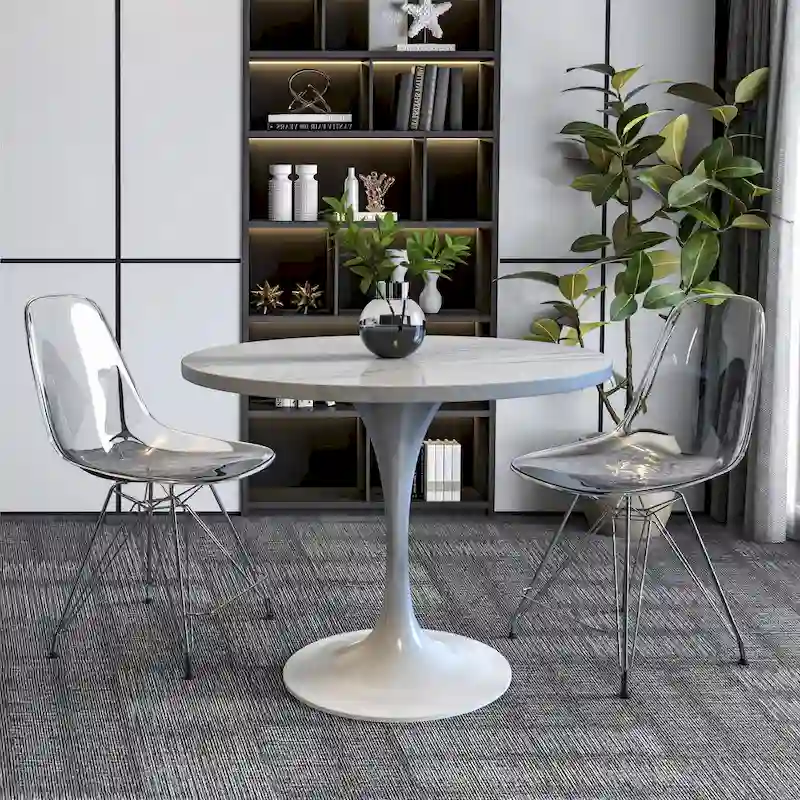 Verve Round Dining Table with White Resin TableTop and White Steel Base for Kitchen & Dining Room