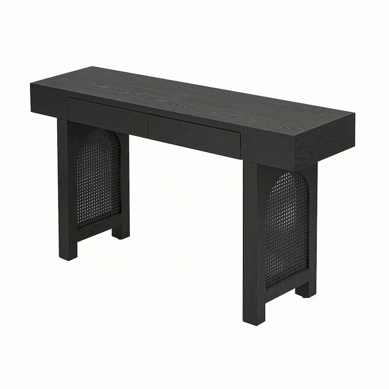 Narrow Console Table with Rattan Accent(Antique Black)