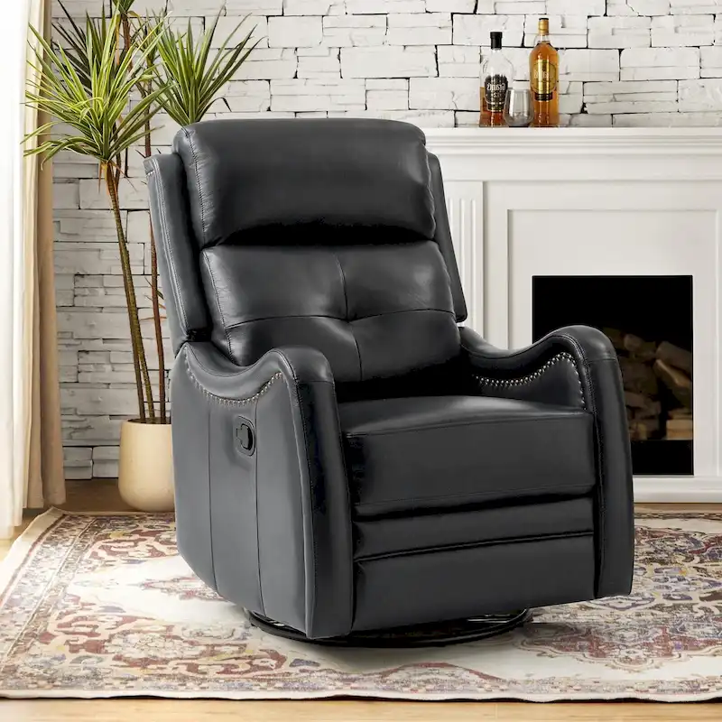 Genuine Leather Swivel Rocker Recliner with Nailhead Trims