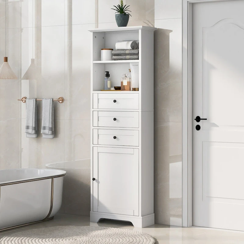 10 in. W x 22 in. D x 68.3 in. H White MDF Linen Cabinet with 3 Drawers and Adjustable Shelves