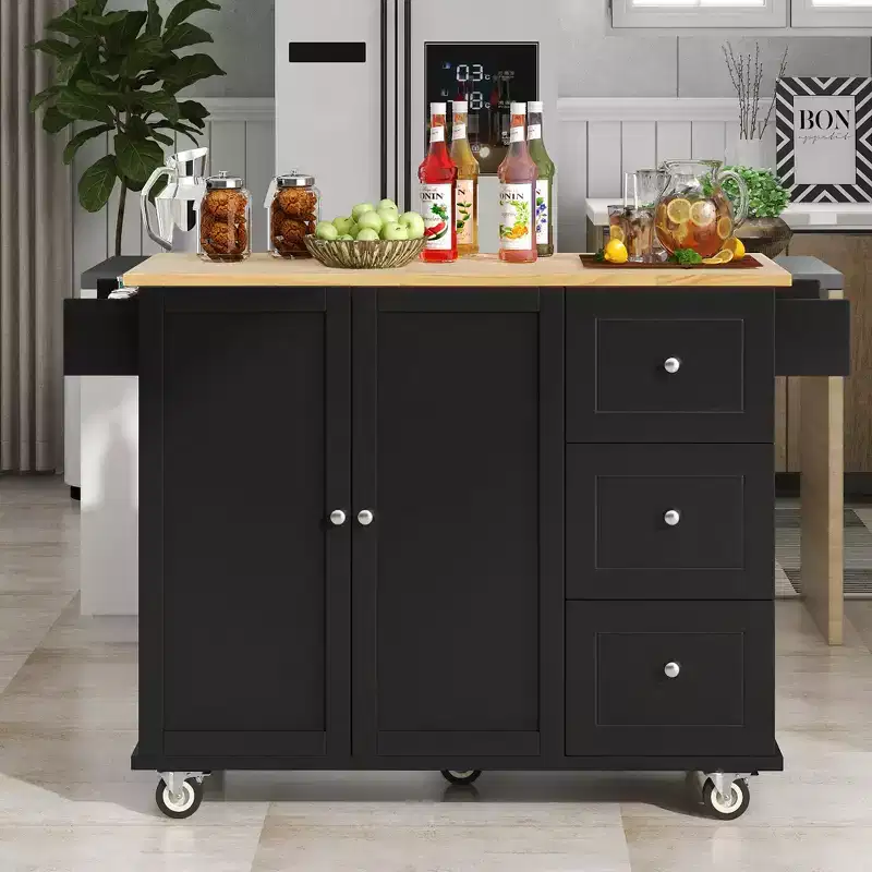 sumyeg Rolling Kitchen Island with Solid Wood Top, Drop Leaf Bar, Locking Wheels, Storage Cabinet, Spice Rack, Towel Rack and Drawer, 52.7inch