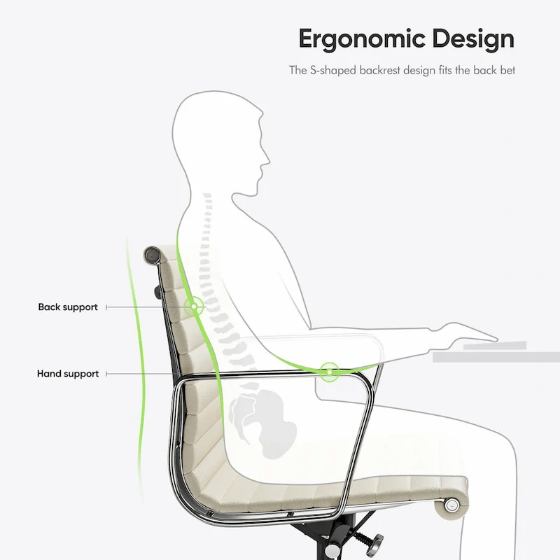 Low Back Genuine Leather Ergonomic Computer Ribbed Office Chair