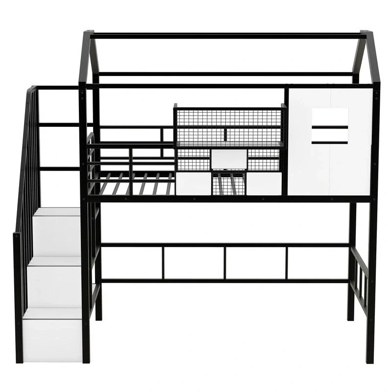 Black / Pink Metal Twin Loft Bed with Roof Design, Integrated Ladder, Guardrails and Storage Box – 1-Person