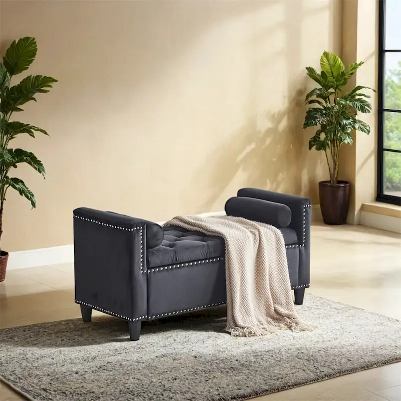 Storage Bench,44.5-Inch Queen Velvet Button Bedside Bench w/Armrests