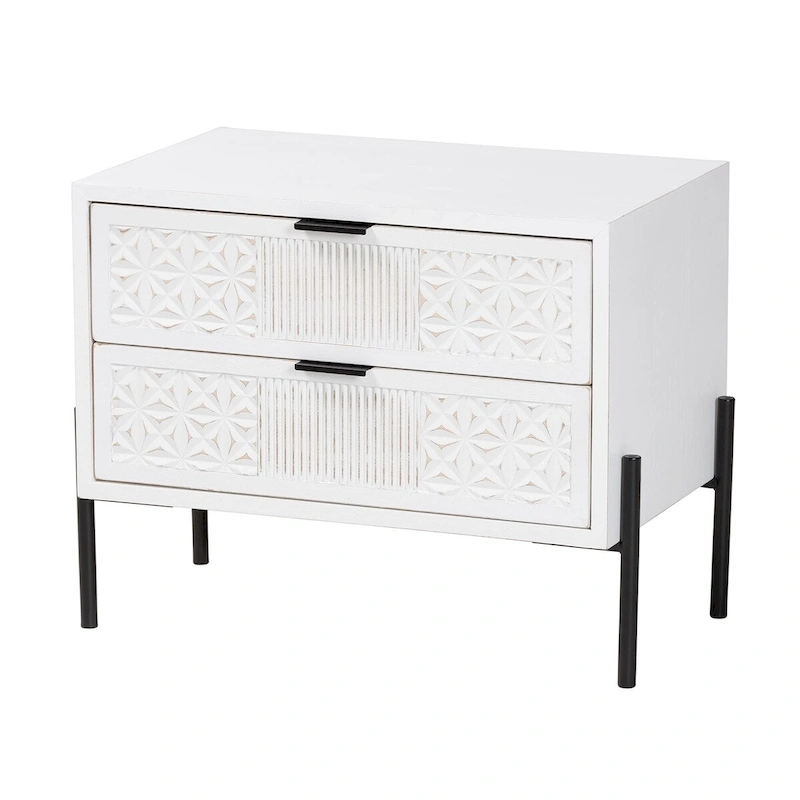 Merryn Mid-Century Transitional Distressed White Finished Wood and Black Metal 2-Drawer Storage Cabinet