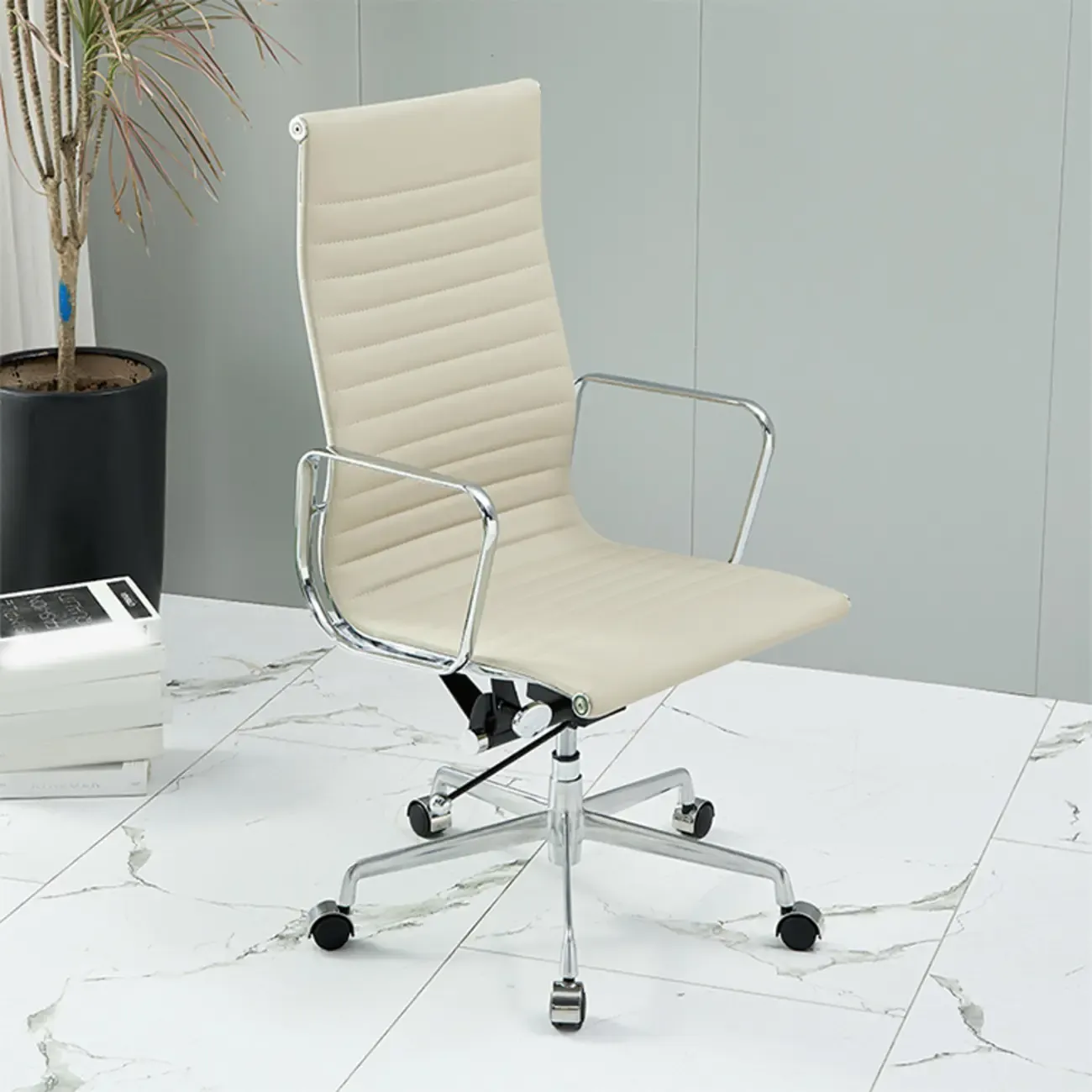 Beige Leather Adjustable High-Back Swivel Office Chair