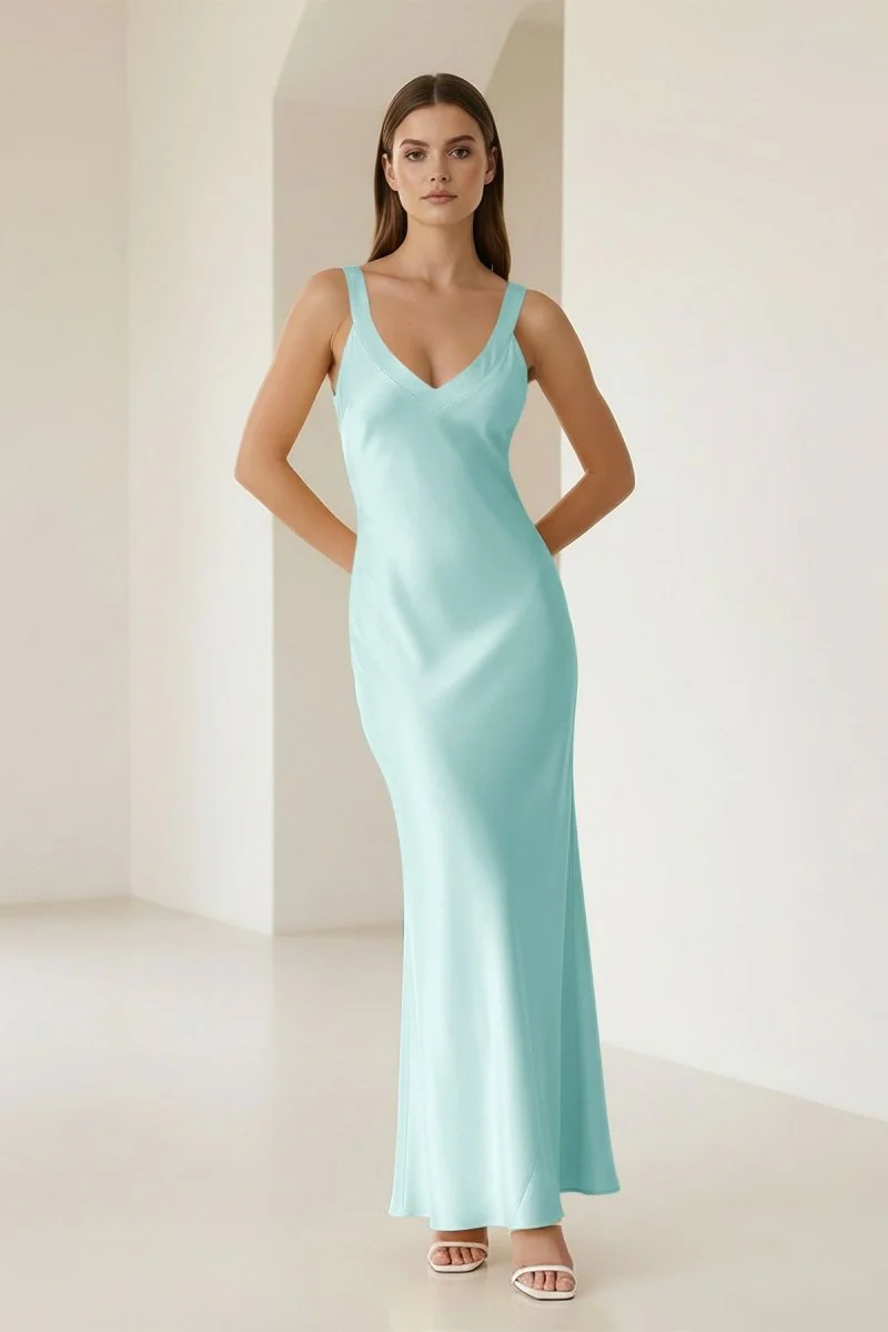 Yellow Mermaid Satin V Neck Long Party Dress