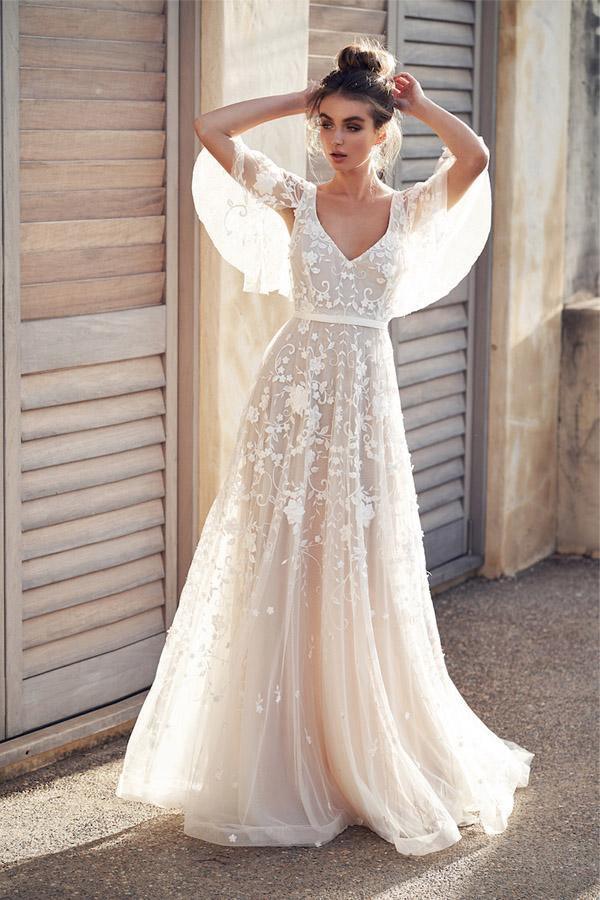 Romantic Ivory Flower Appliques Wedding Dress, Lace Long Bridal Dresses