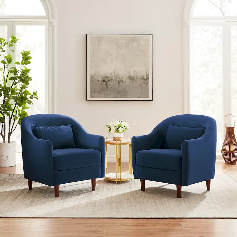 VANOMi 28.34 W Set Of 2 Accent Armchair, Velvet Barrel Chair with Solid Wood Legs