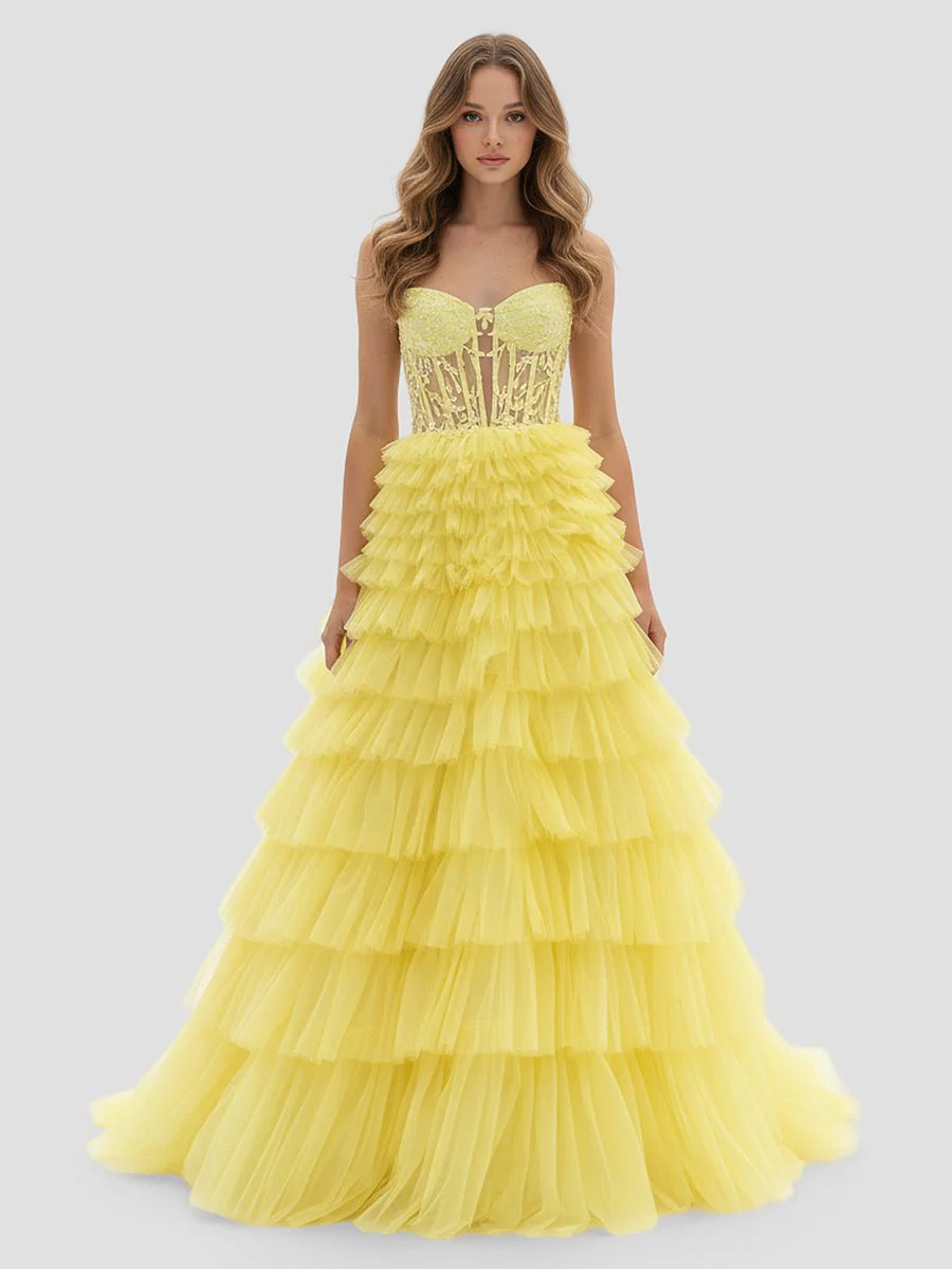 Yellow Sweetheart A Line Tiered Tulle Long Prom Dress