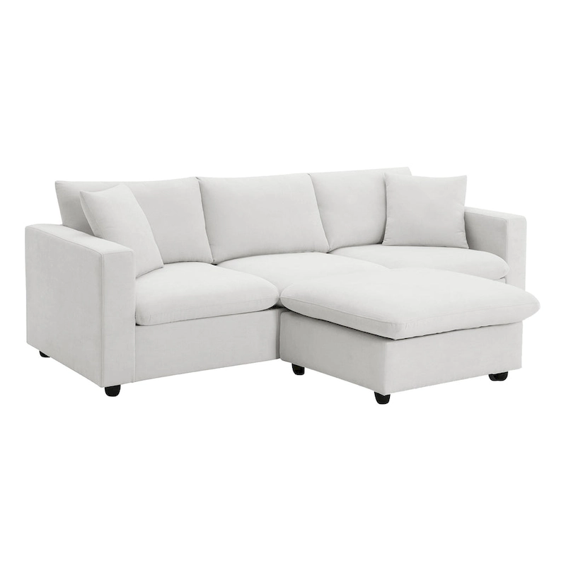 L-shaped Polyester Fabric Couch Set with 2 Free Pillows and Convertible Ottoman