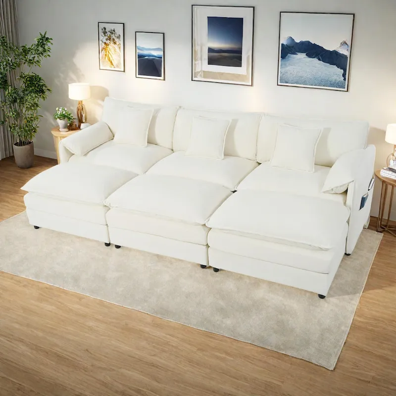 109.45 Chenille Upholstered 3-Seater Sleeper Modular Sectional Sofa with Double-Layer Cushions