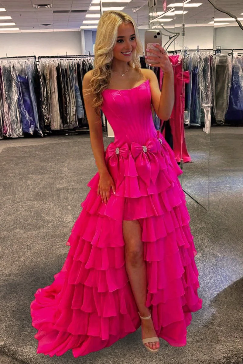 Fuchsia - Scoop Neck A Line Chiffon Tiered Prom Dresses With Bowknot