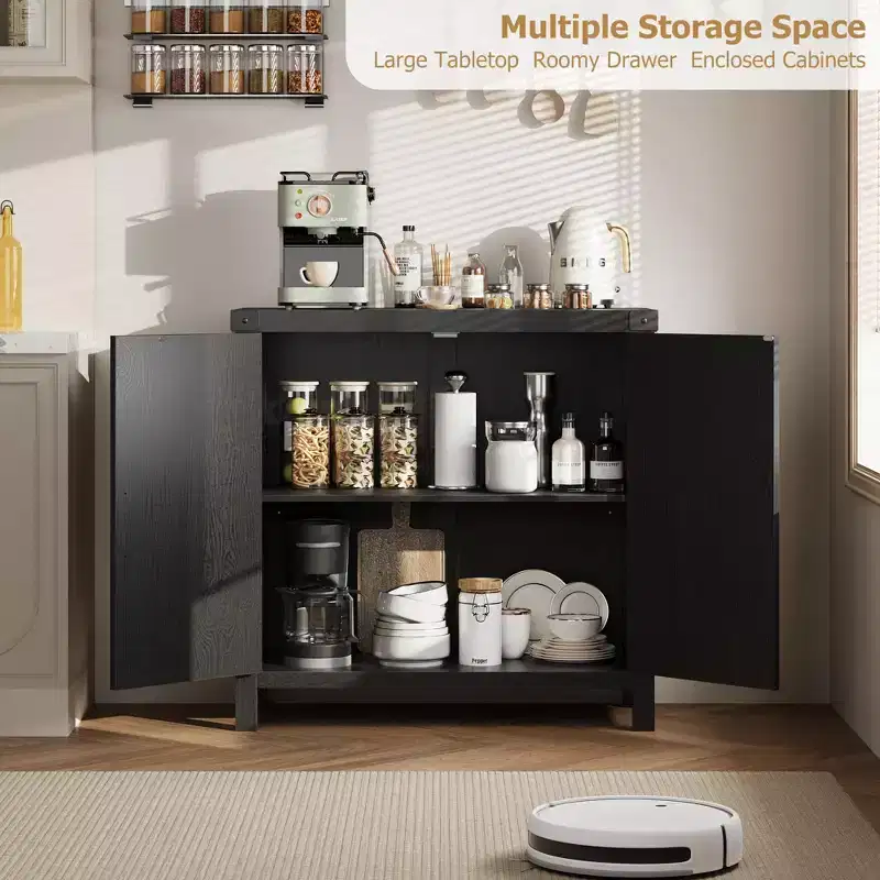Buffet Cabinet, Sideboard with Storage  2 Pack 31.5 Black Faux Rattan Cabinet, Farmhouse Coffee Bar with Adjustable Shelves
