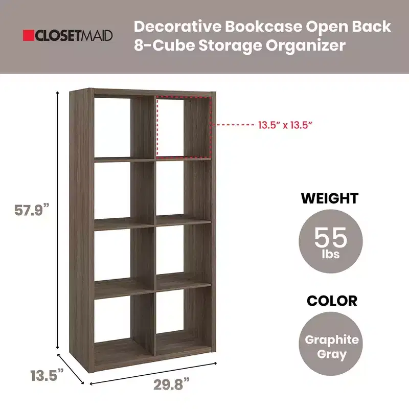 ClosetMaid 459000 Heavy Duty Decorative Bookcase Open Back 9-Cube Storage Organizer in Graphite Gray with Hardware for Closet, Home, Office, or Toys