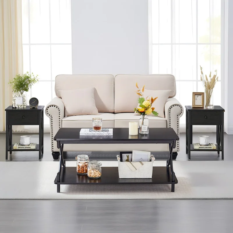 Black / Brown / White & Gold Industrial 3-Piece Coffee Table Set with 2 End Tables – X-Frame MDF & Metal