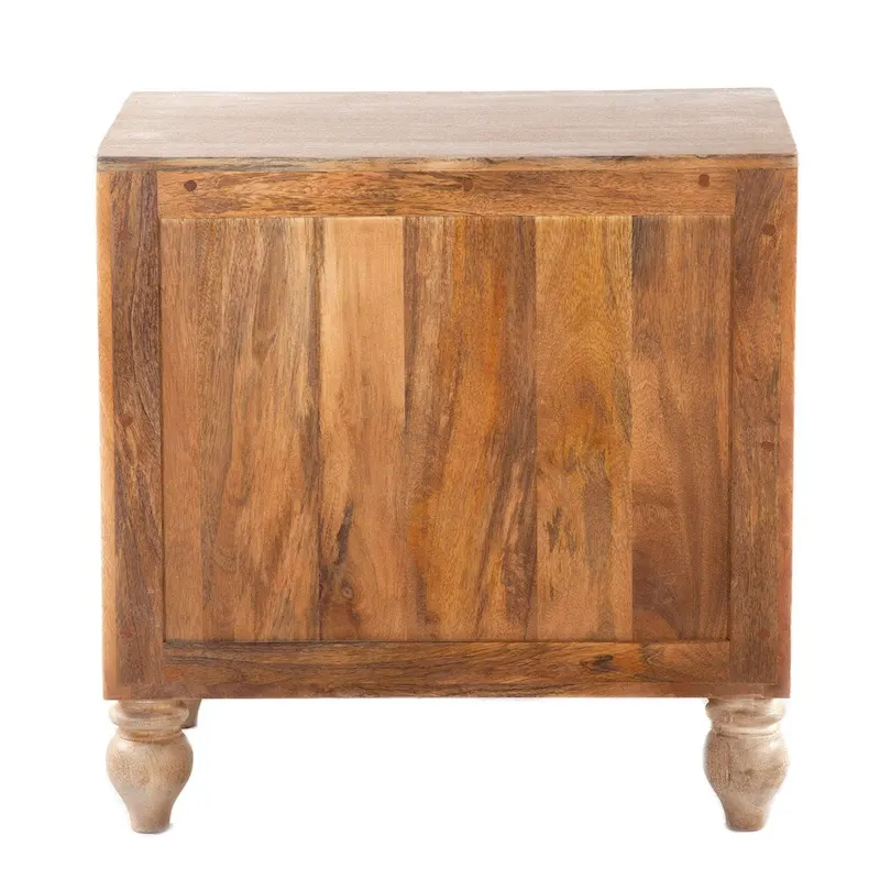 Brown / Dark Brown Mango Wood 2-Drawer Nightstand with Hand-Carved Drawer Fronts & Turned Legs – Bohemian Style
