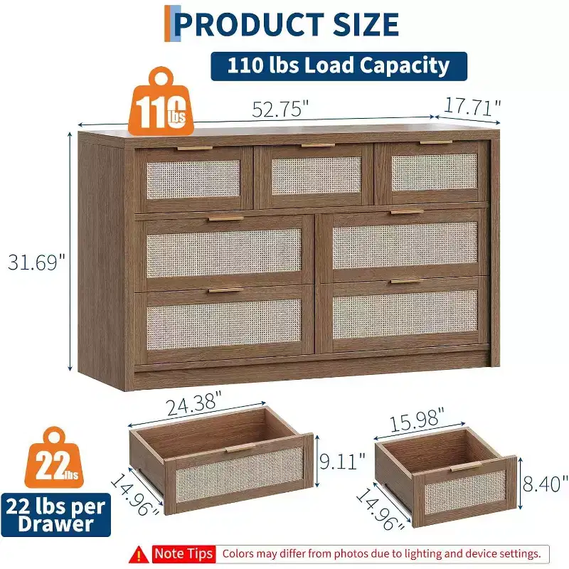 Rattan Wood 7 Drawers Dresser for Bedroom, Wide Chests of Drawers with Golden Handles, Farmhouse Closet Dresser TV Stand for Living Room Hallway