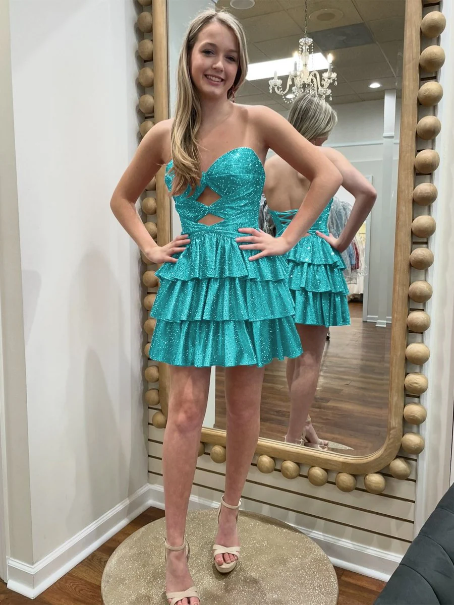 Turquoise - A Line Sweetheart Satin Cut Out Ruffled Homecoming & Cocktail Dresses with Beads