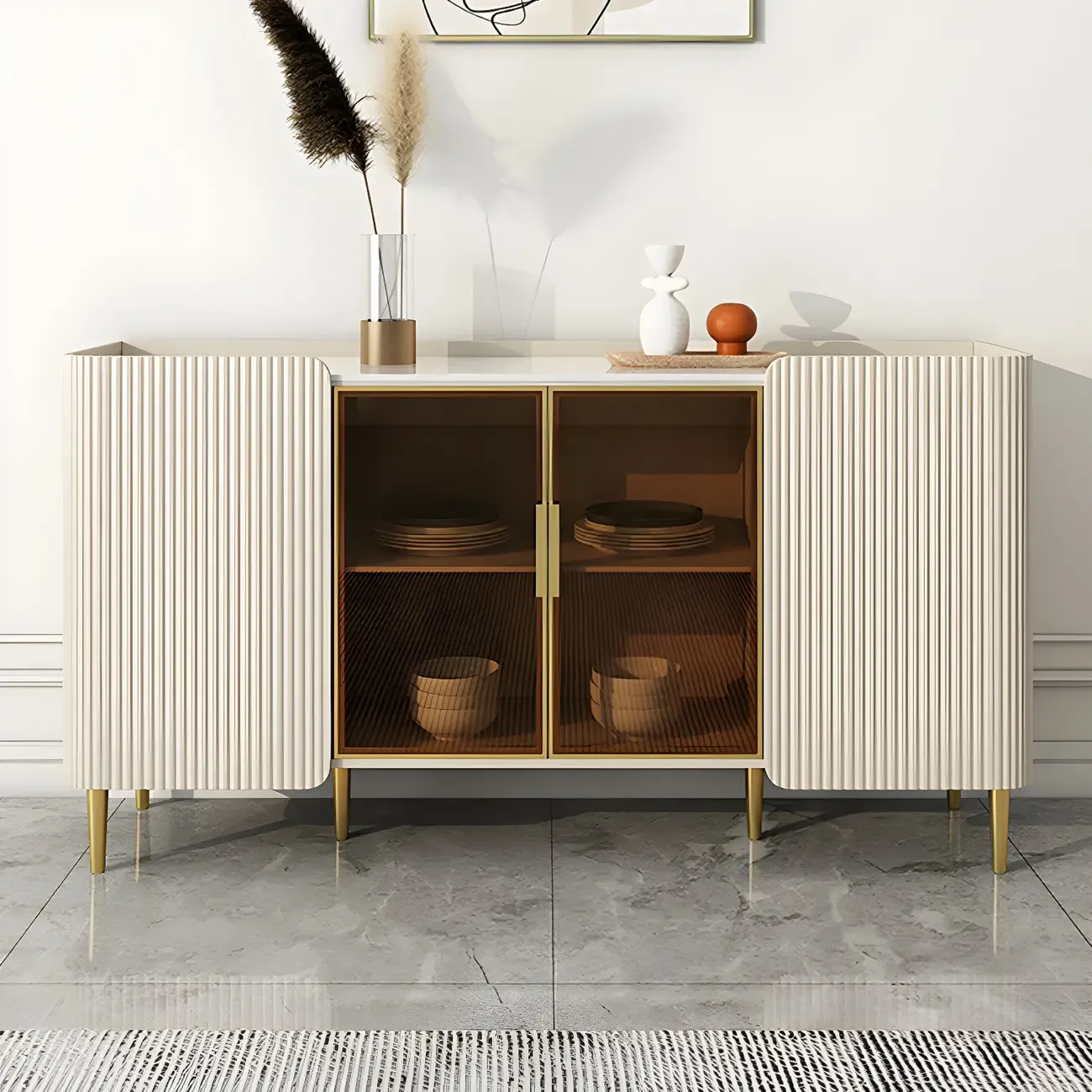 Glam Off-White Stone Countertop Sideboard with Shelves