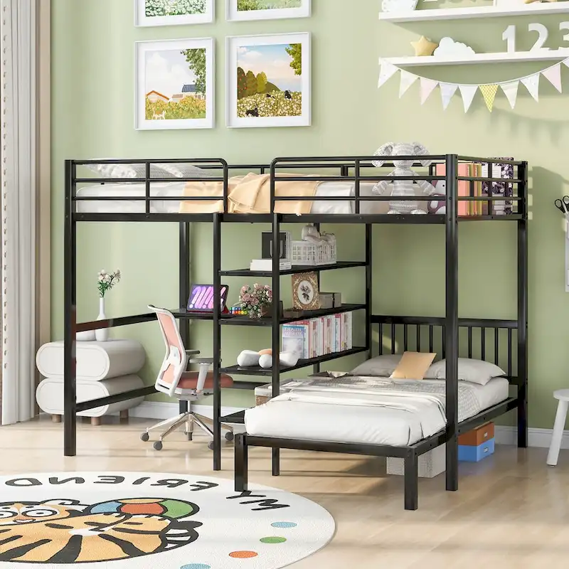 Full Over Twin Metal Bunk Bed with Desk & Shelves, Black/White, Sleeps 2