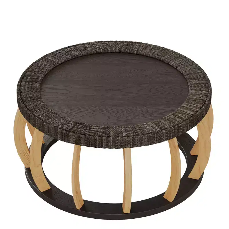GDFStudio Olumide Bohemian Wooden Round Coffee Table with Curved Legs and Rattan Design