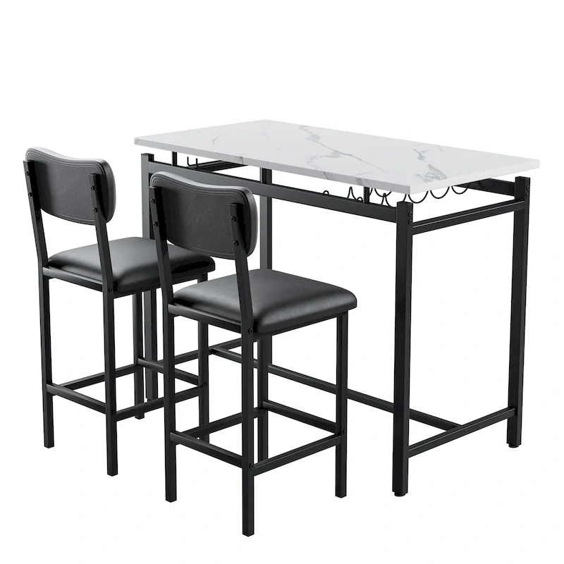White Marble-Top Bar Table Set with 2 Stools, 2-Person