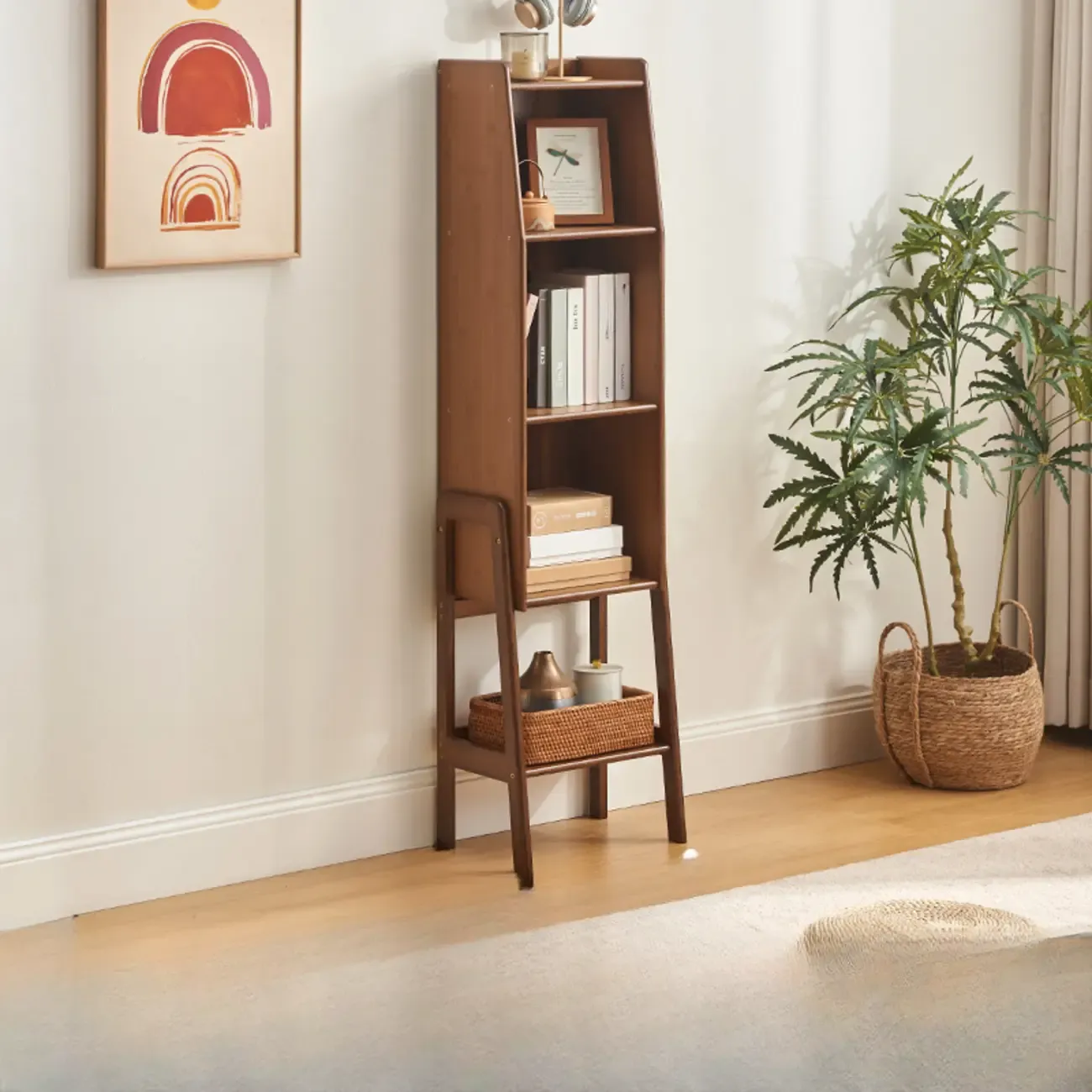 Scandinavian Narrow Brown Wood Multi-Tier Ladder Bookcase