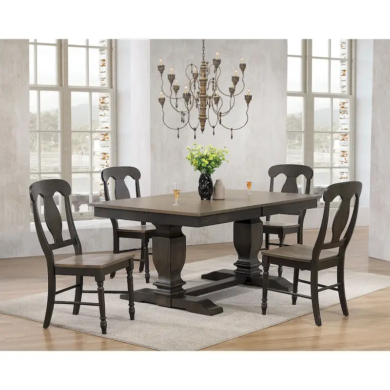 Double Transitional Pedestal Antiqued Grey Napoleon Back 5-Piece Dining Set