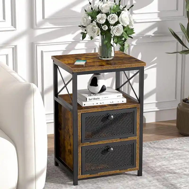 Compact Nightstand with 2 Flip Drawers and Storage Shelf