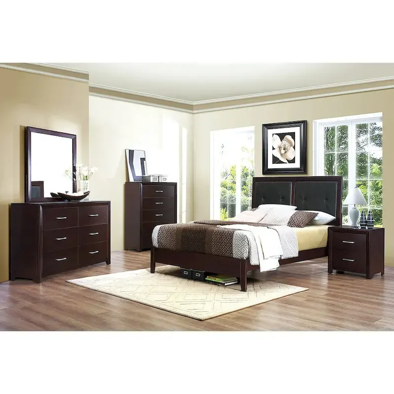 5pc Bedroom Set Espresso Finish Bed Nightstand Dresser Mirror Chest