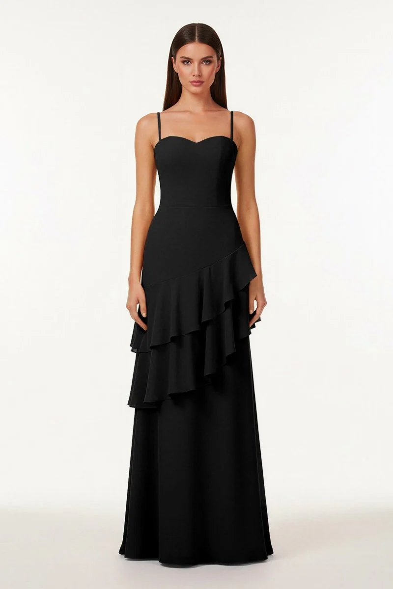 Red - Sheath Spaghetti Straps Chiffon Long Prom Dresses with Ruffles