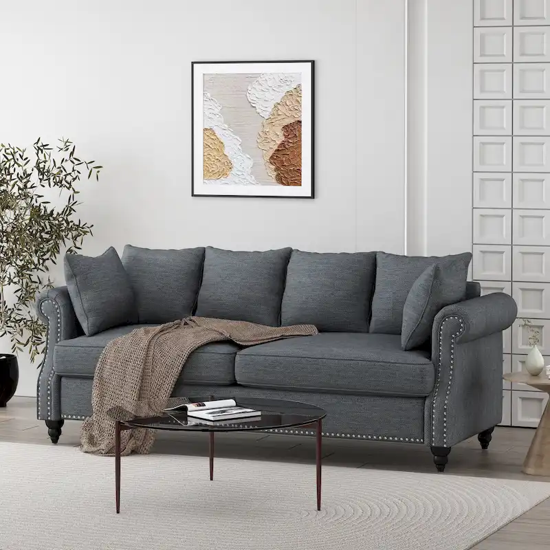 Manbow Fabric Pillowback 3 Seater Sofa with Nailhead Trim by Christopher Knight Home