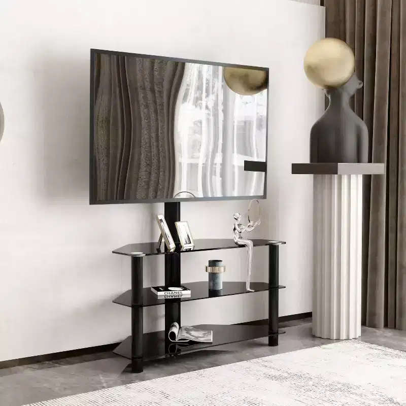 35.4-Inch Black Multi-Function TV Stand - Height Adjustable Swivel Bracket with 3 Tempered Glass Shelves