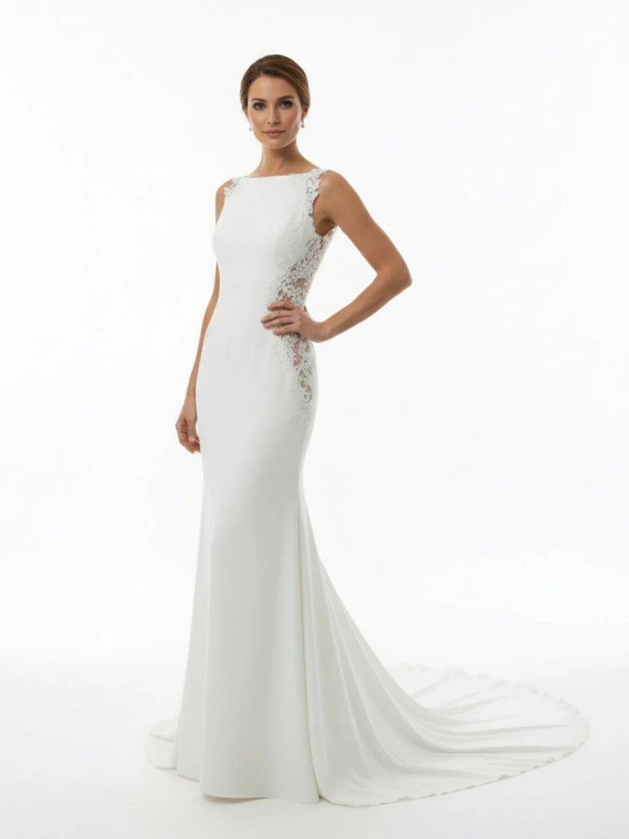 White Long Mermaid Boho Wedding Dress with Appliqued