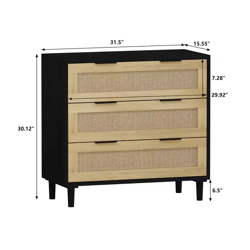 CuisinSmart Large Nightstand with Drawers, 31.5'' Rattan Dresser Nightstand with 3 Drawers for Living Room Bedroom