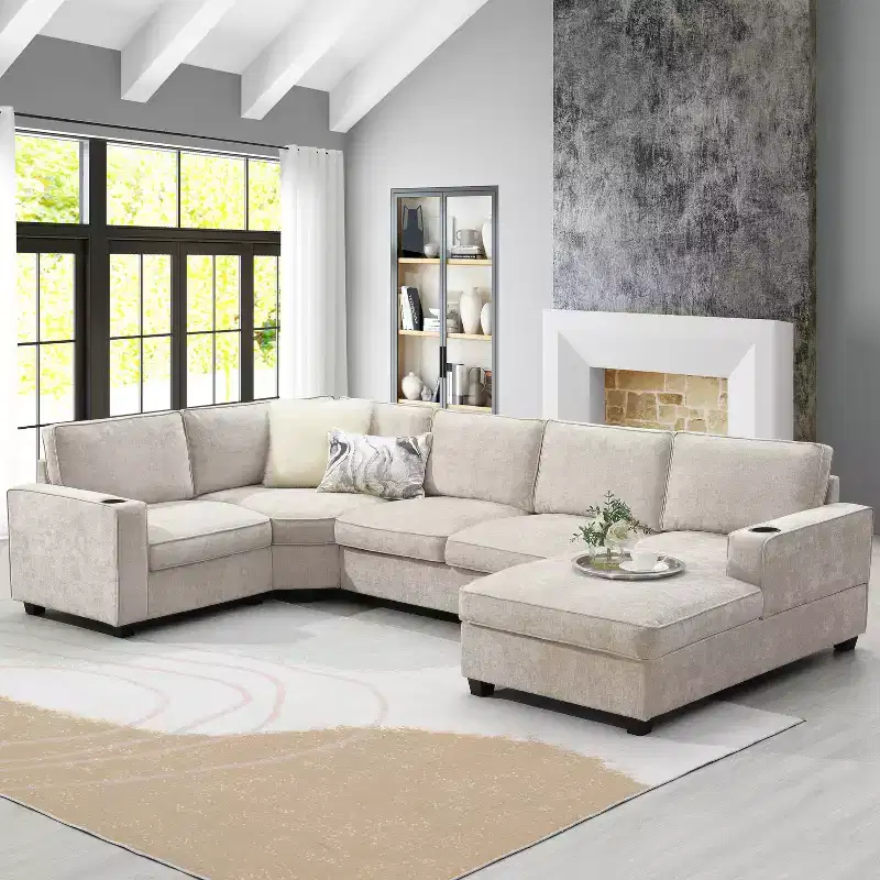 Whisen U Shaped Sectional Sofa,6 Seat Chenille Corner Couch Set with Oversized Chaise Lounge