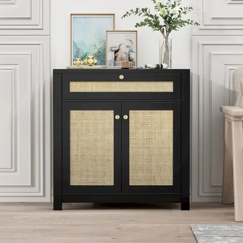 Anmytek 2-Door Black Rattan Cabinet with Drawer Storage Sideboard Buffet 31.5 W x 13.7 D x 32.8 H