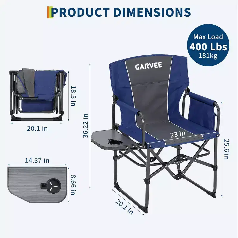 Folding Director's Chair with Built-in Side Table, Portable Lawn & Camping Seat for Outdoor, Patio, and RV Trips, 2 PCS