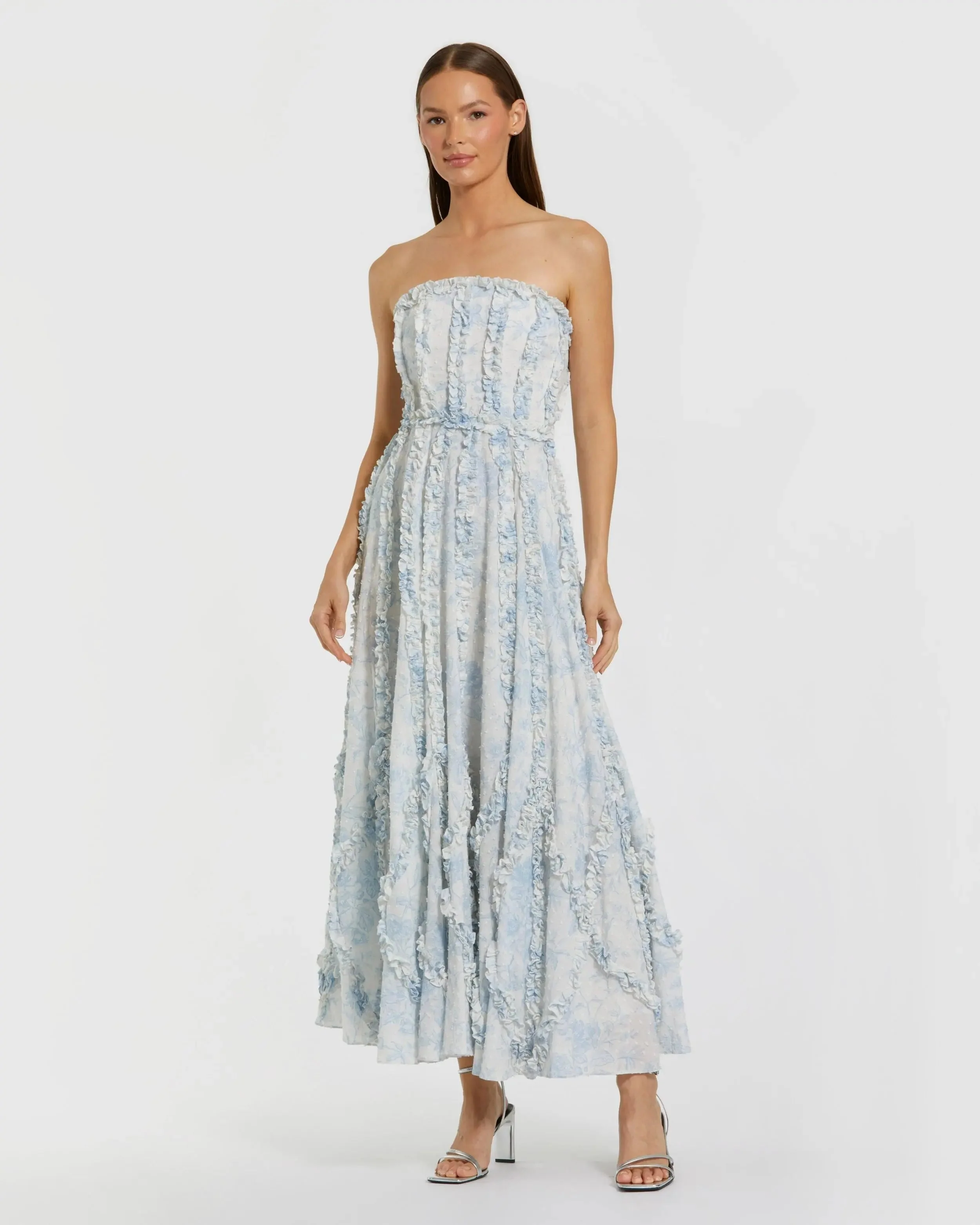 Blue and White Strapless Ruffle Floral Cotton Midi Dress