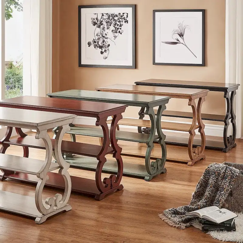 Wood Scroll 3-Tier Console Sofa Table – Oak, Sage Green, Black, Red, White