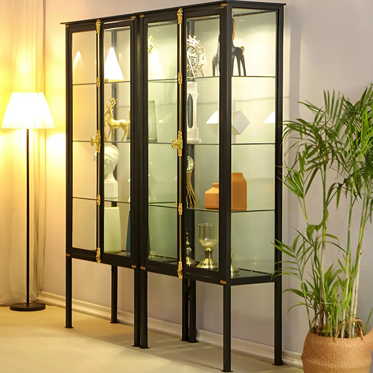 Glam Black Metal Frame Glass Curio Cabinet