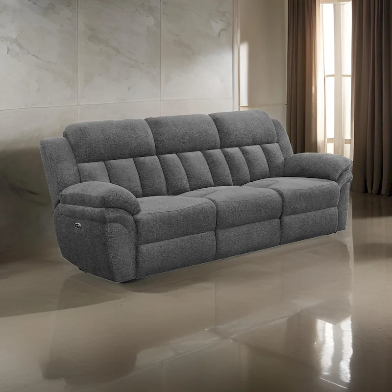 Gray & Black Dual Power Recliner Sofa, 3-Seat, Tufted