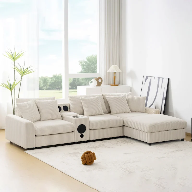 Corduroy Sectional Sofa w/ Bluetooth Speakers, L Shaped Couch