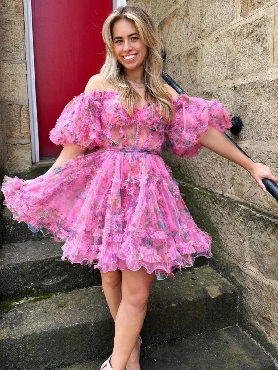 Pink A Line Off the Shoulder Printed Homecoming Dress