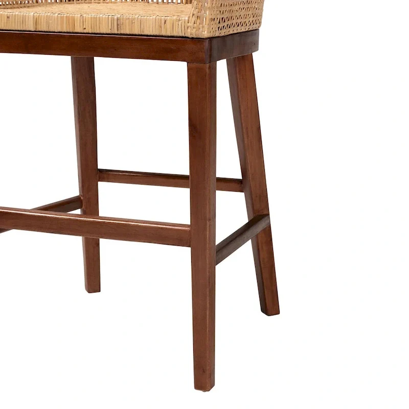 Papua Modern Bohemian Natural Rattan and Acacia Wood Counter Stool