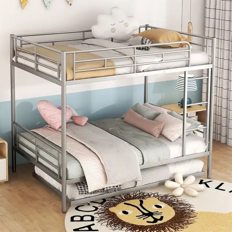 Silver/Black/White Full-Over-Full Metal Bunk Bed with Trundle, Sleeps 2–3