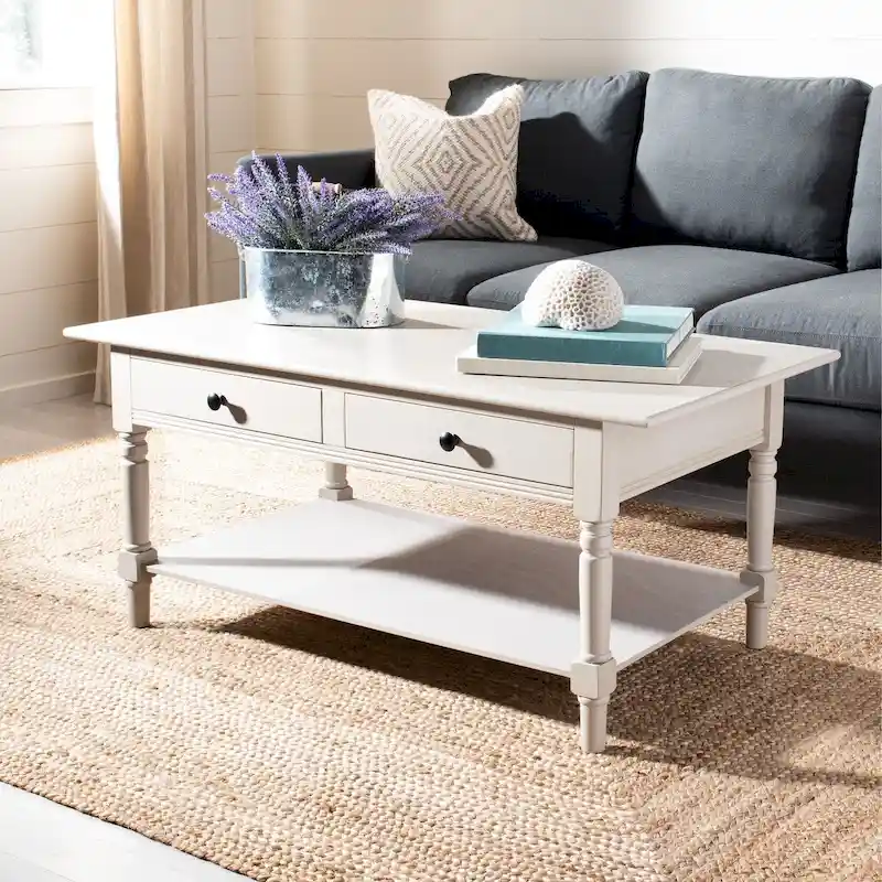 Dark Cherry Farmhouse Pine Wood Coffee Table with 2 Drawers